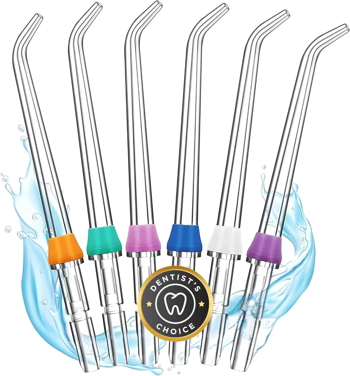 Water flosser replacement tips set with orange, teal, purple, blue, white caps on nozzles