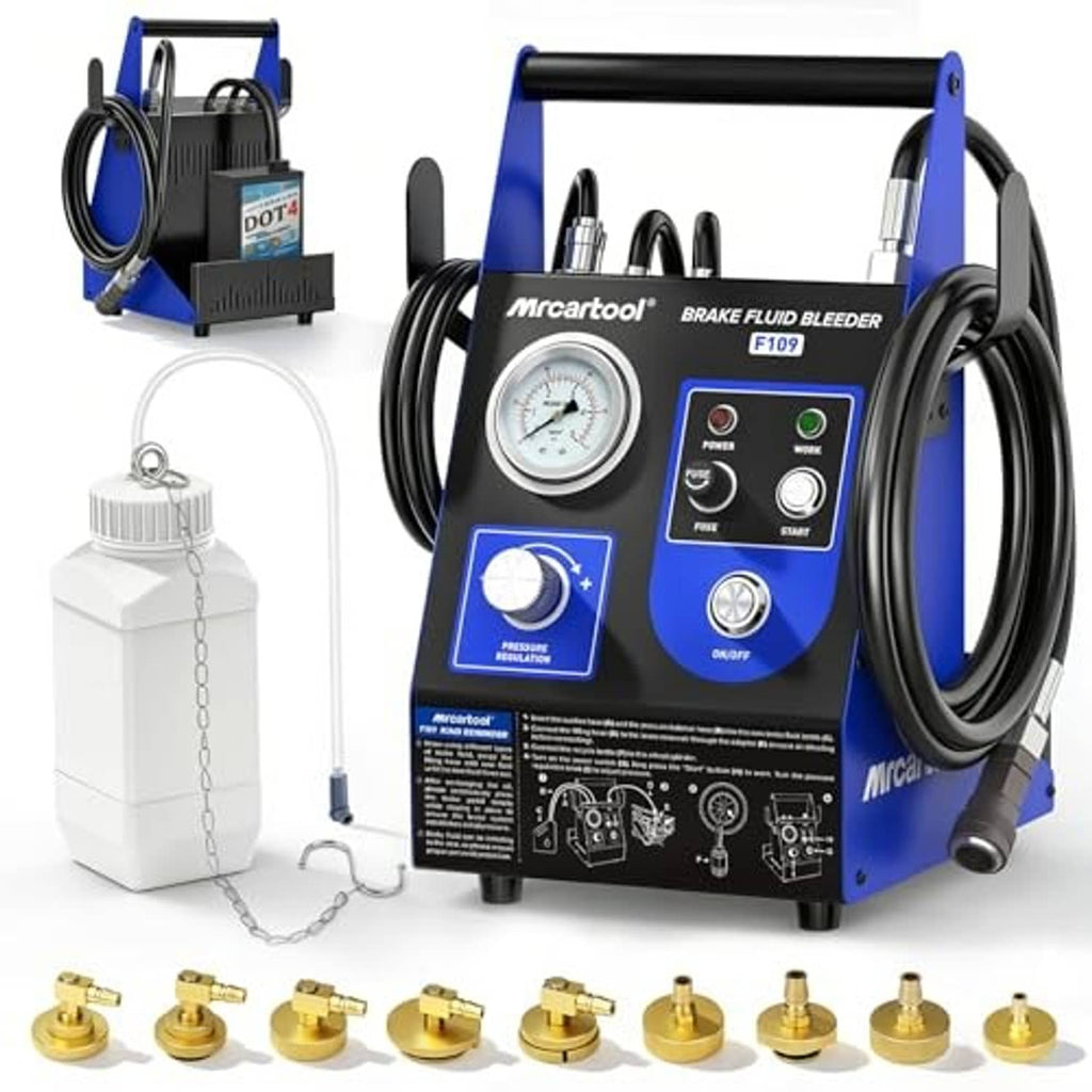 Brake fluid bleeder kit, blue/black machine with digital controls, gauge, hoses and adapters