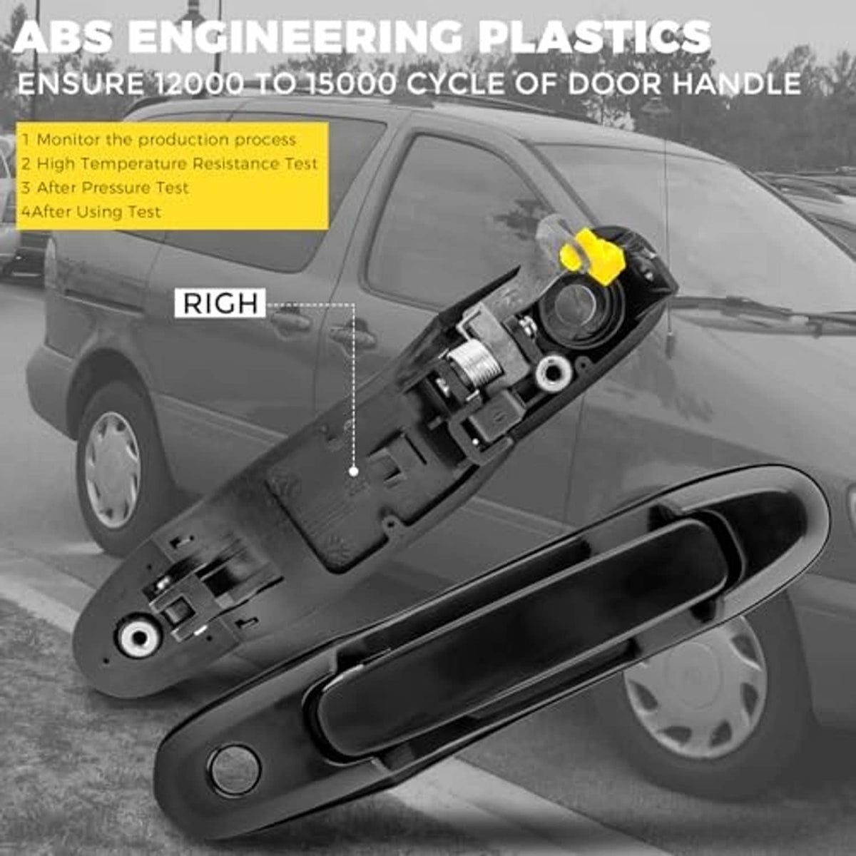 Front right door handle assembly shown with visible mounting bracket and hardware