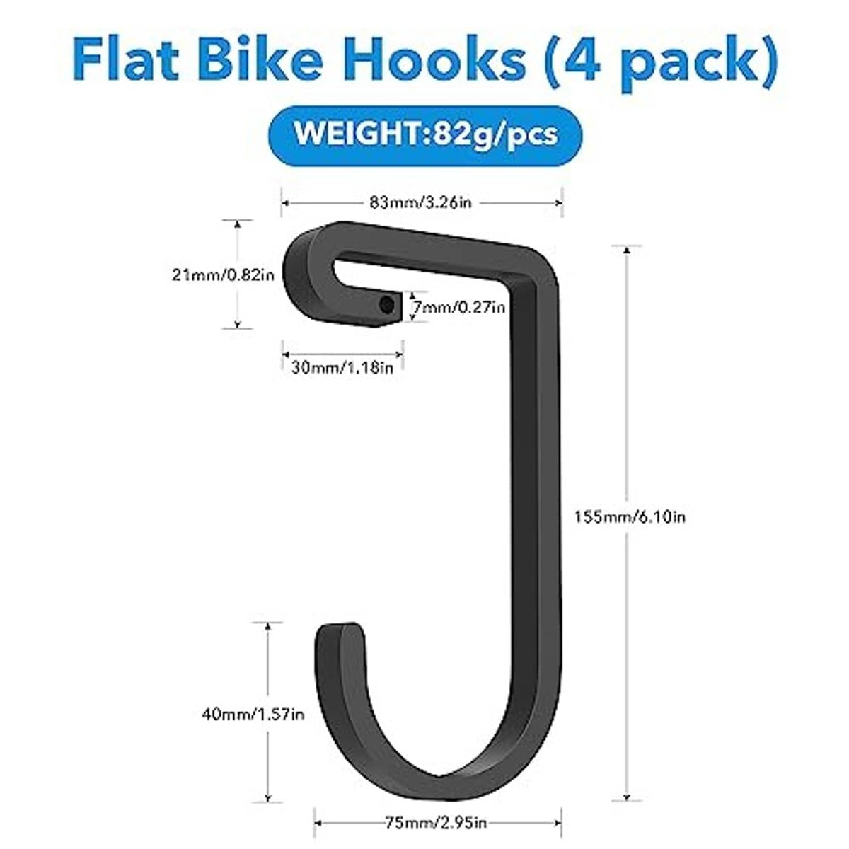 Black U-shaped flat bike hook with size diagram on white background