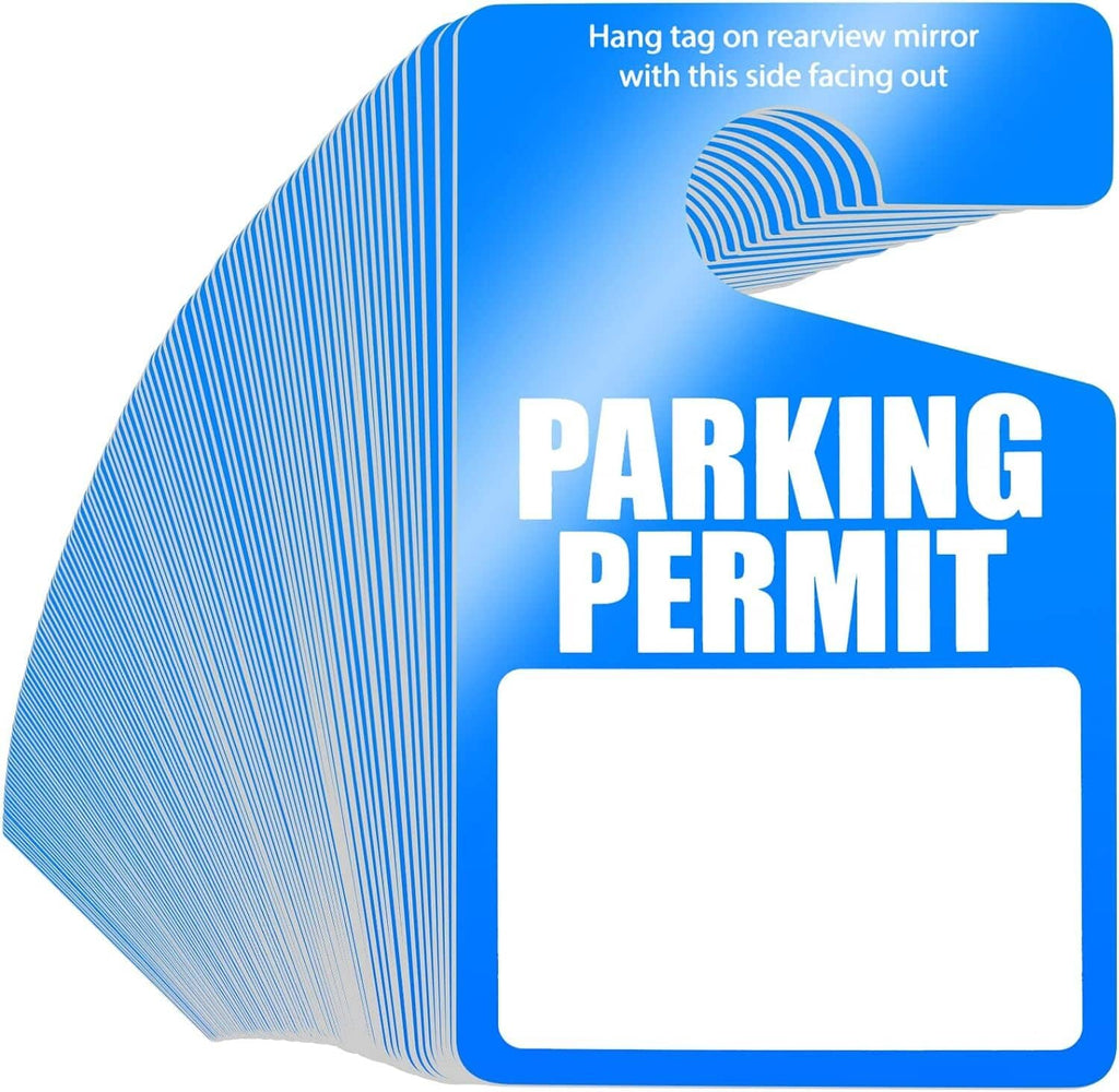 Blue parking permit hang tag with blank white label and rearview mirror cutout