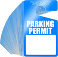 Blue parking permit hang tag with blank white label and rearview mirror cutout