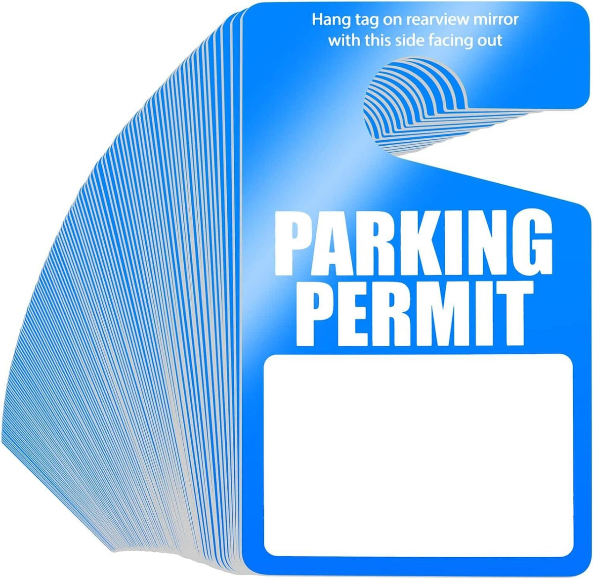 Blue parking permit hang tag with blank white label and rearview mirror cutout