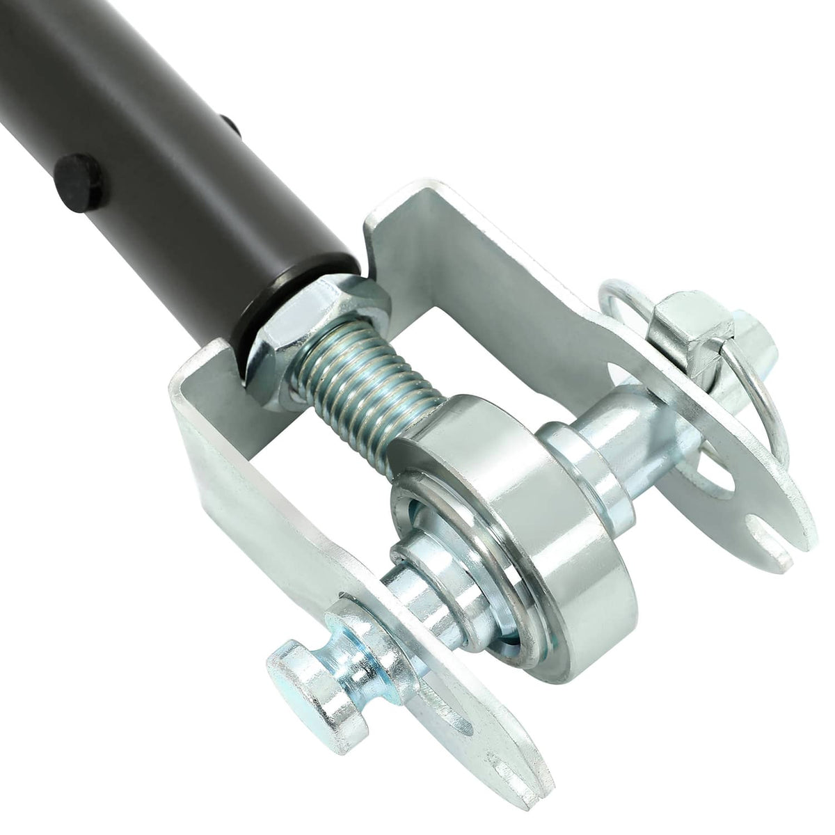Threaded lift rod assembly with black bushing and silver pin for hitch connection