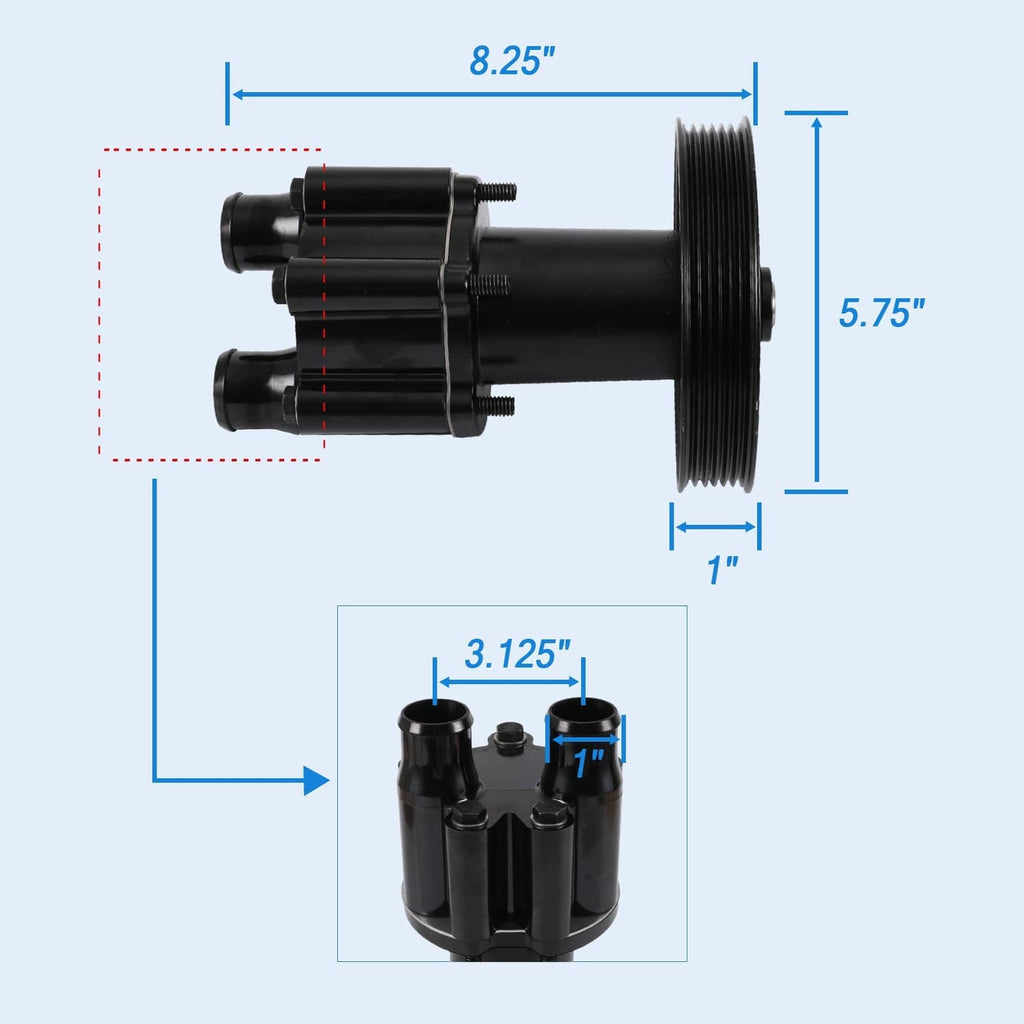 Raw sea water pump with pulley, side view with ribbed belt groove