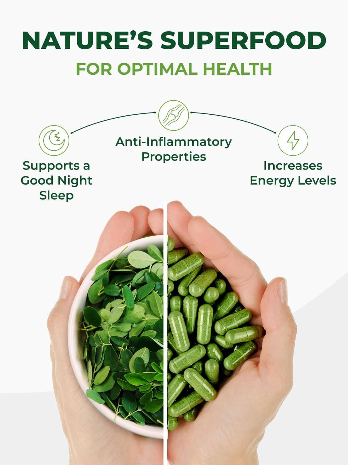 Hands holding a bowl of green moringa capsules with leaf powder