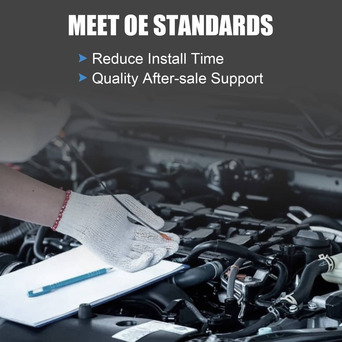 Gloved mechanic preparing ignition lock installation in engine bay with tools
