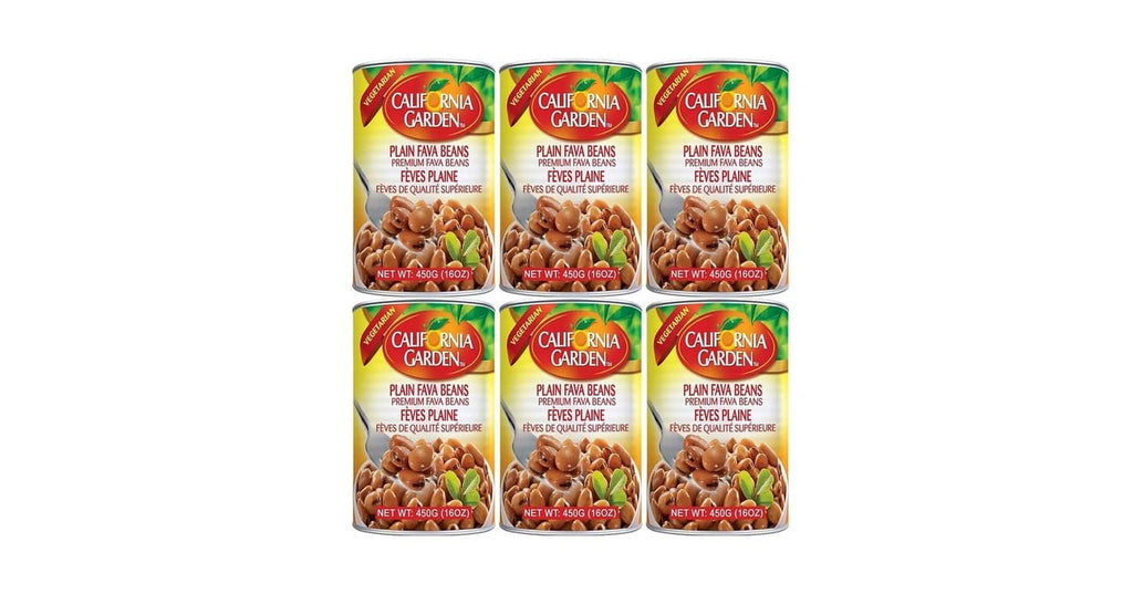 California Garden plain fava beans six-pack of cans, assorted front labels visible