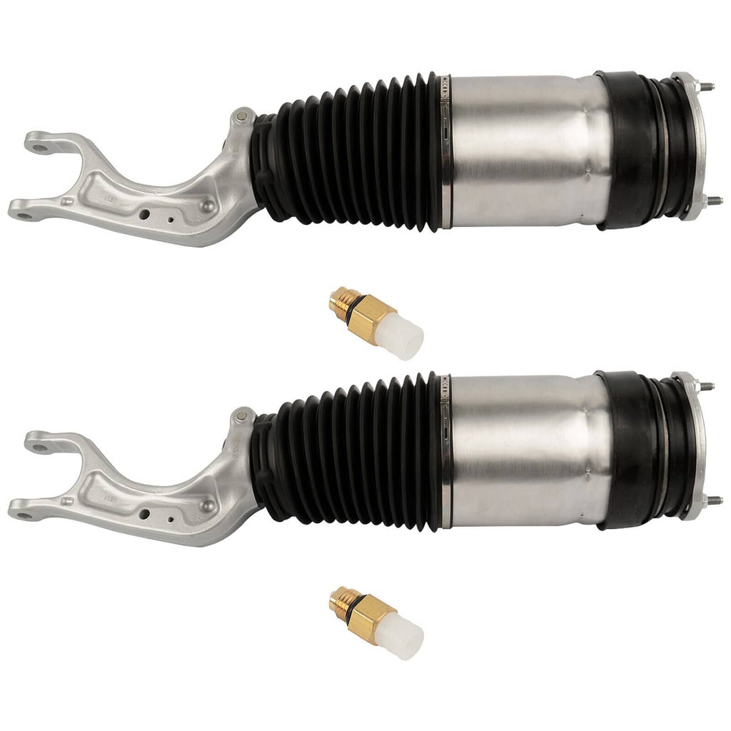 Pair of air strut shocks front view, silver cylinders with black bellows and gold fittings