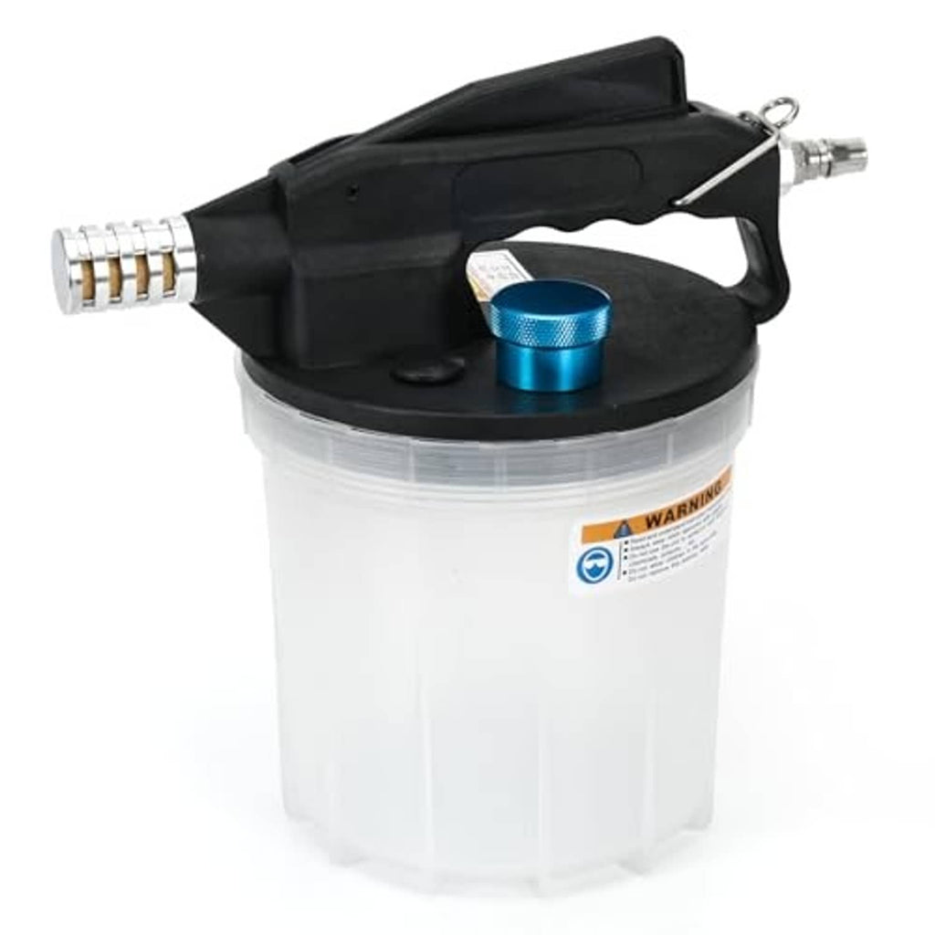 Brake bleeder vacuum pump with black handle, blue cap, and metal fitting