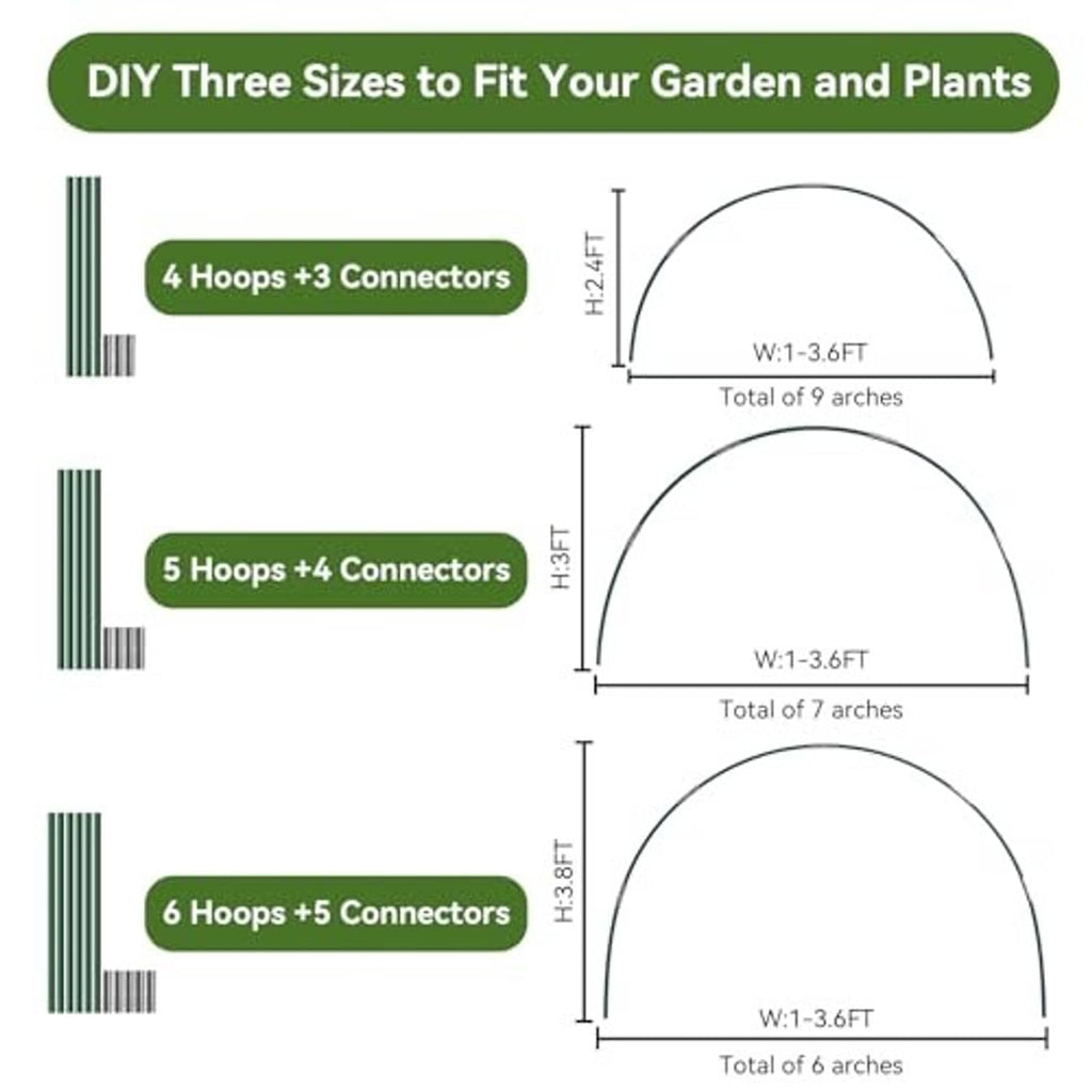 DIY hoop size chart for garden netting, showing 4-, 5-, and 6-hoop connector sets.