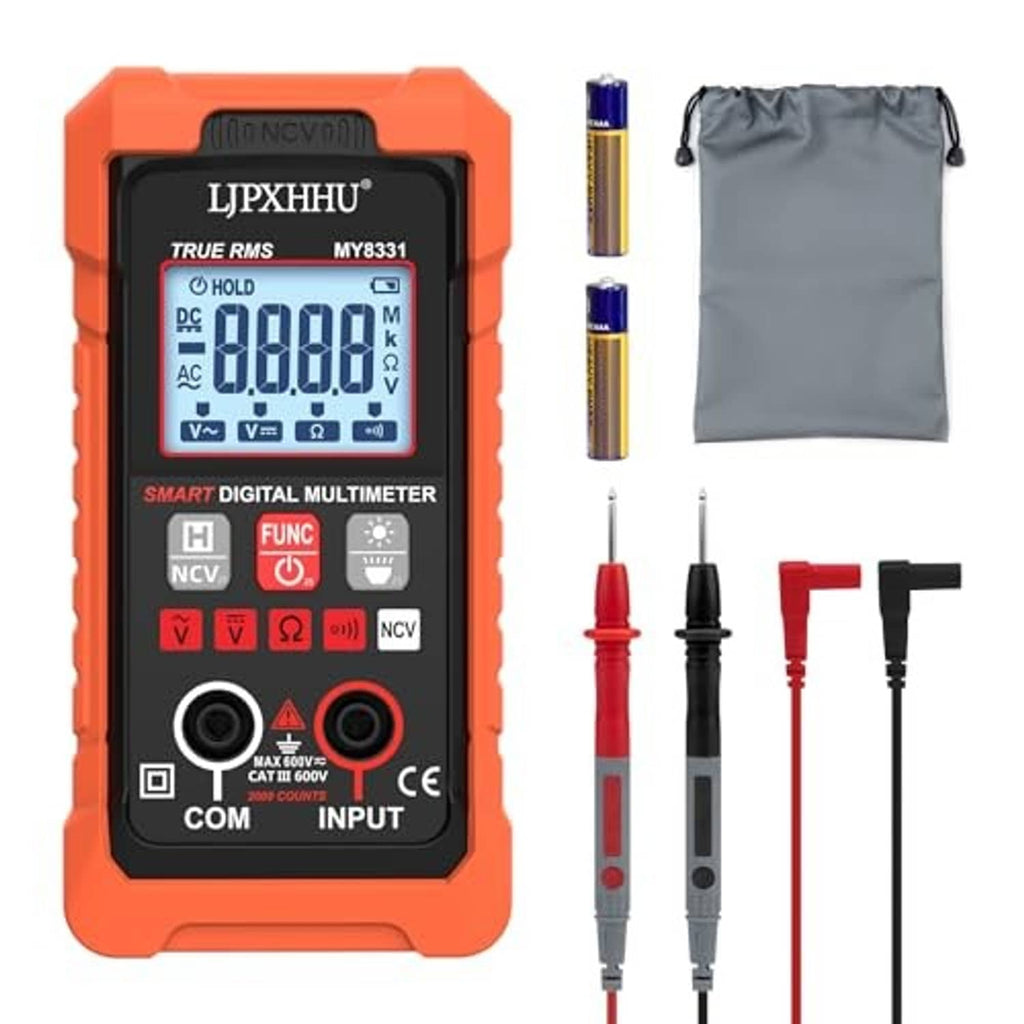Orange digital multimeter kit with probes, test leads, and gray storage pouch