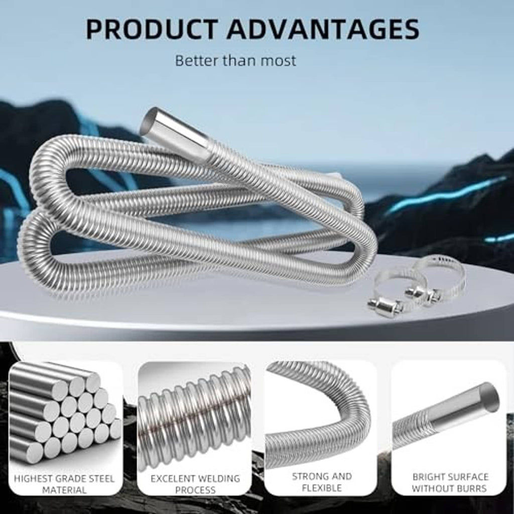 Stainless steel exhaust hose with coiled tubing and two metal hose clamps