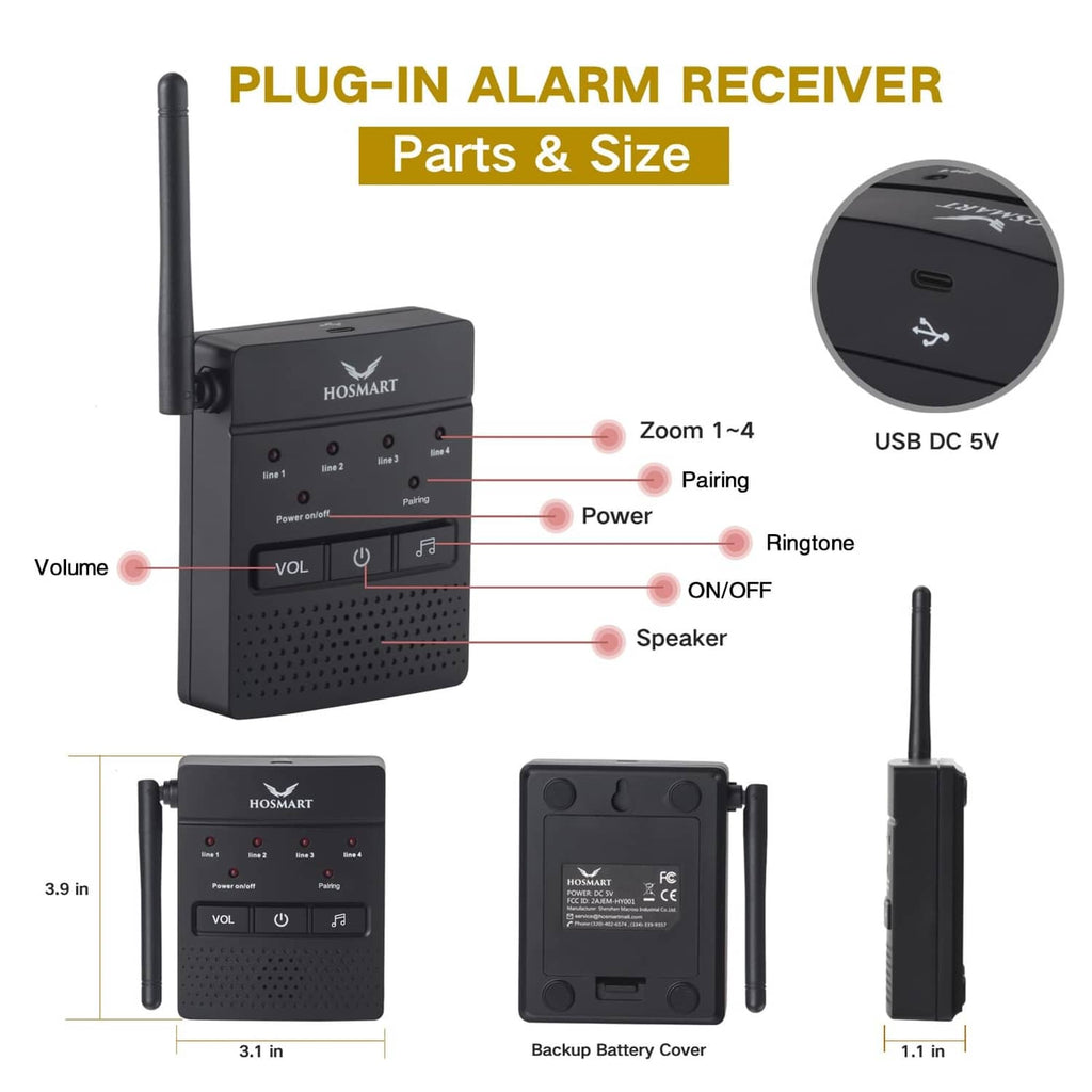 Plug-in alarm receiver unit with speaker, volume controls, and antenna for wireless sensors