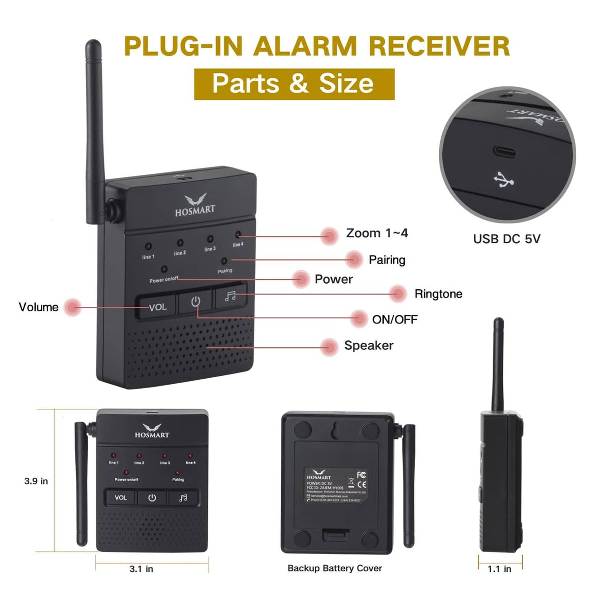 Plug-in alarm receiver unit with speaker, volume controls, and antenna for wireless sensors