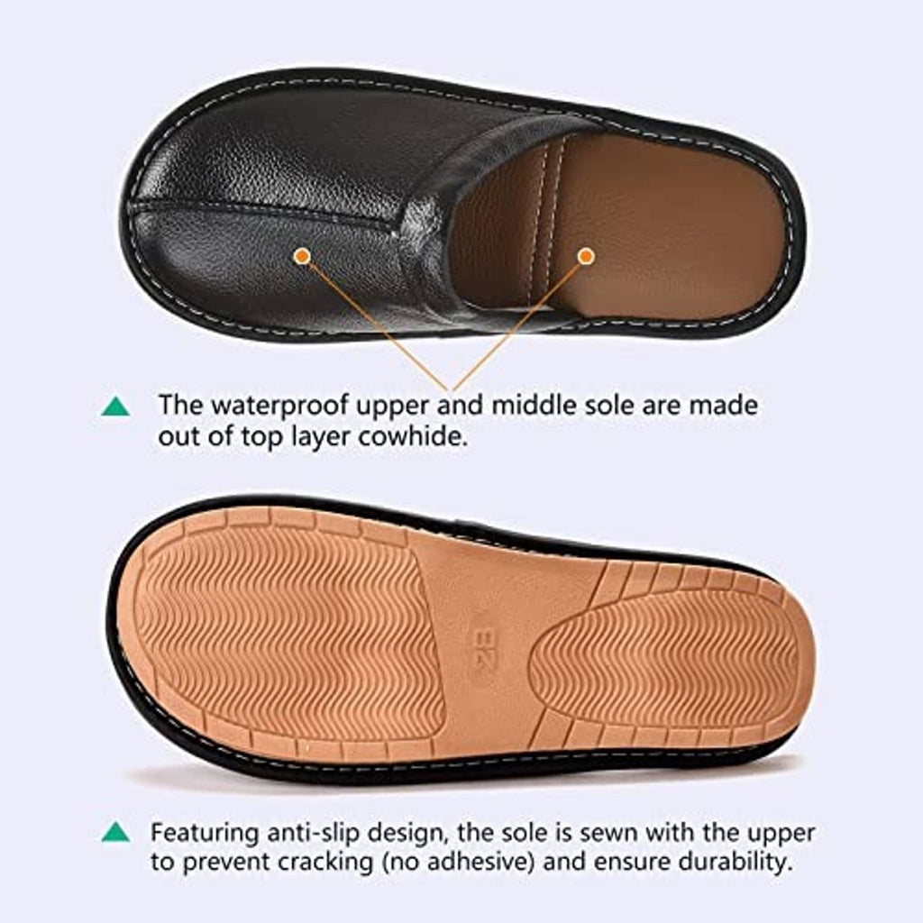 Black leather slipper with tan interior and patterned rubber outsole view