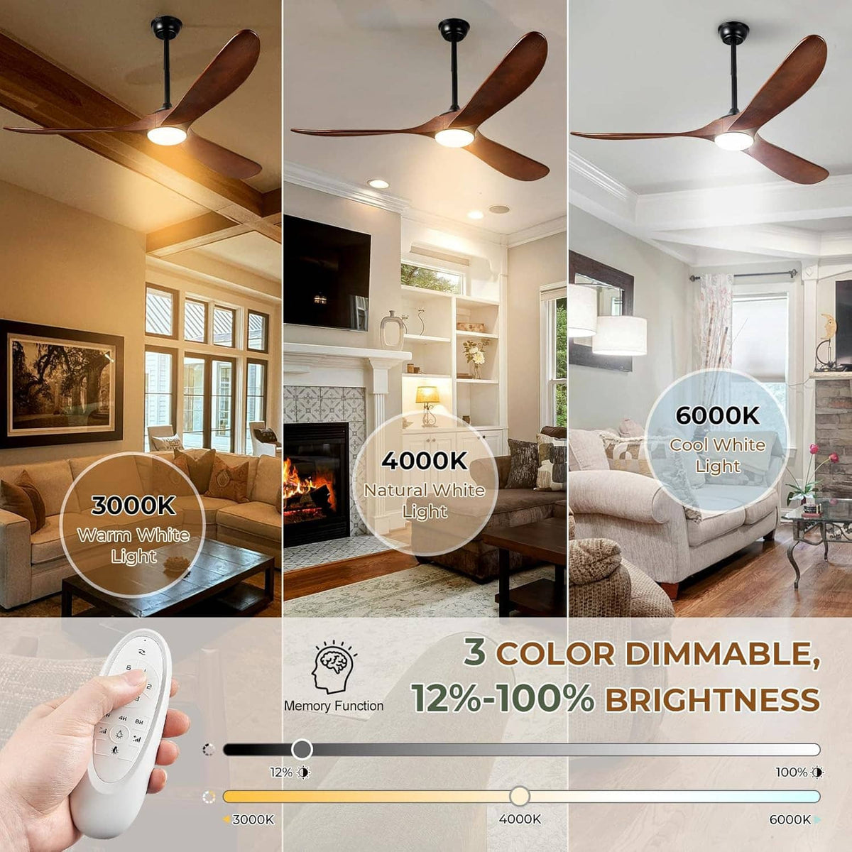 Ceiling fan with light, walnut brown three wood blades and white remote control in hand