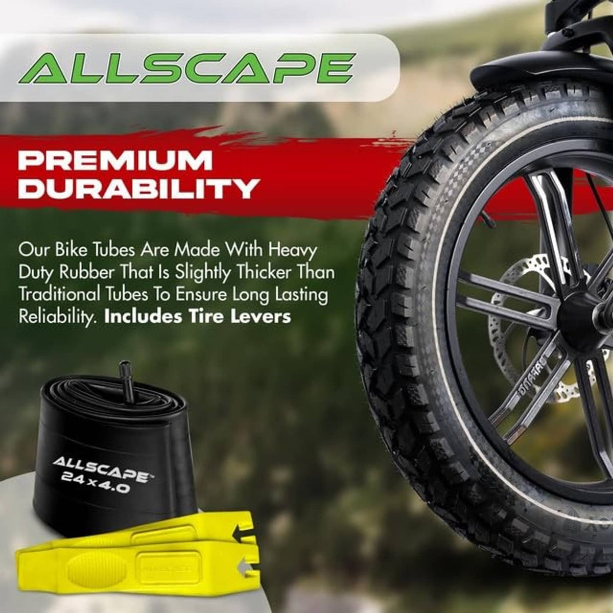 Black bike inner tube rolls with yellow tire levers and a mounted tire