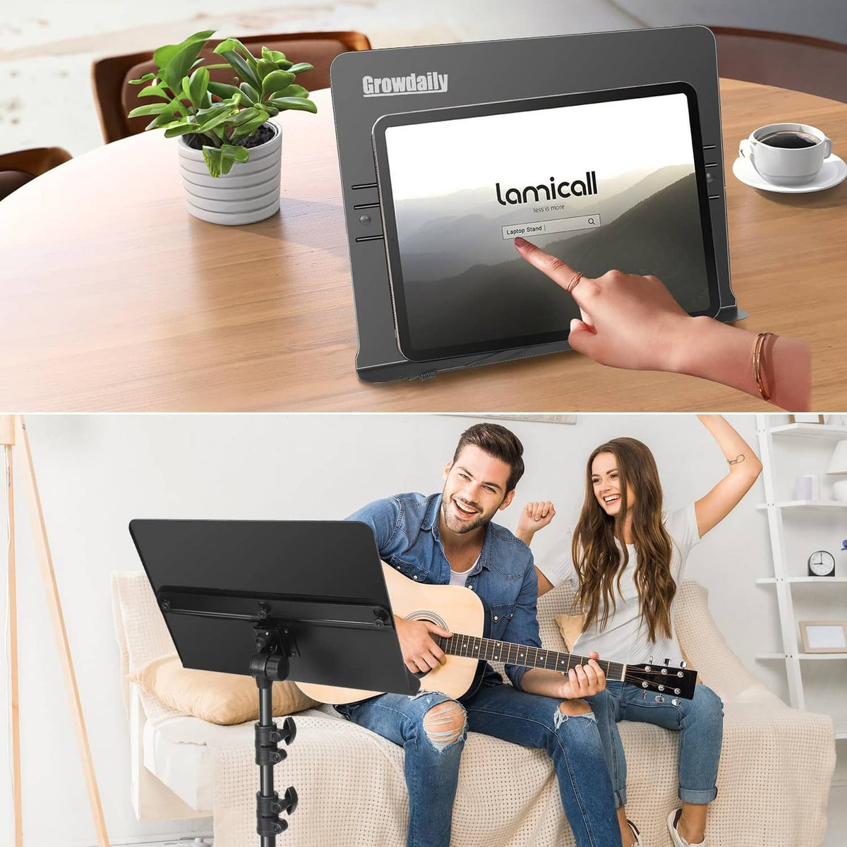 Black portable music stand with angled rest holding a tablet-style music page