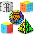 Speed cube set showing 3x3, 2x2, dodecahedron, and pyramid cubes in bright colors