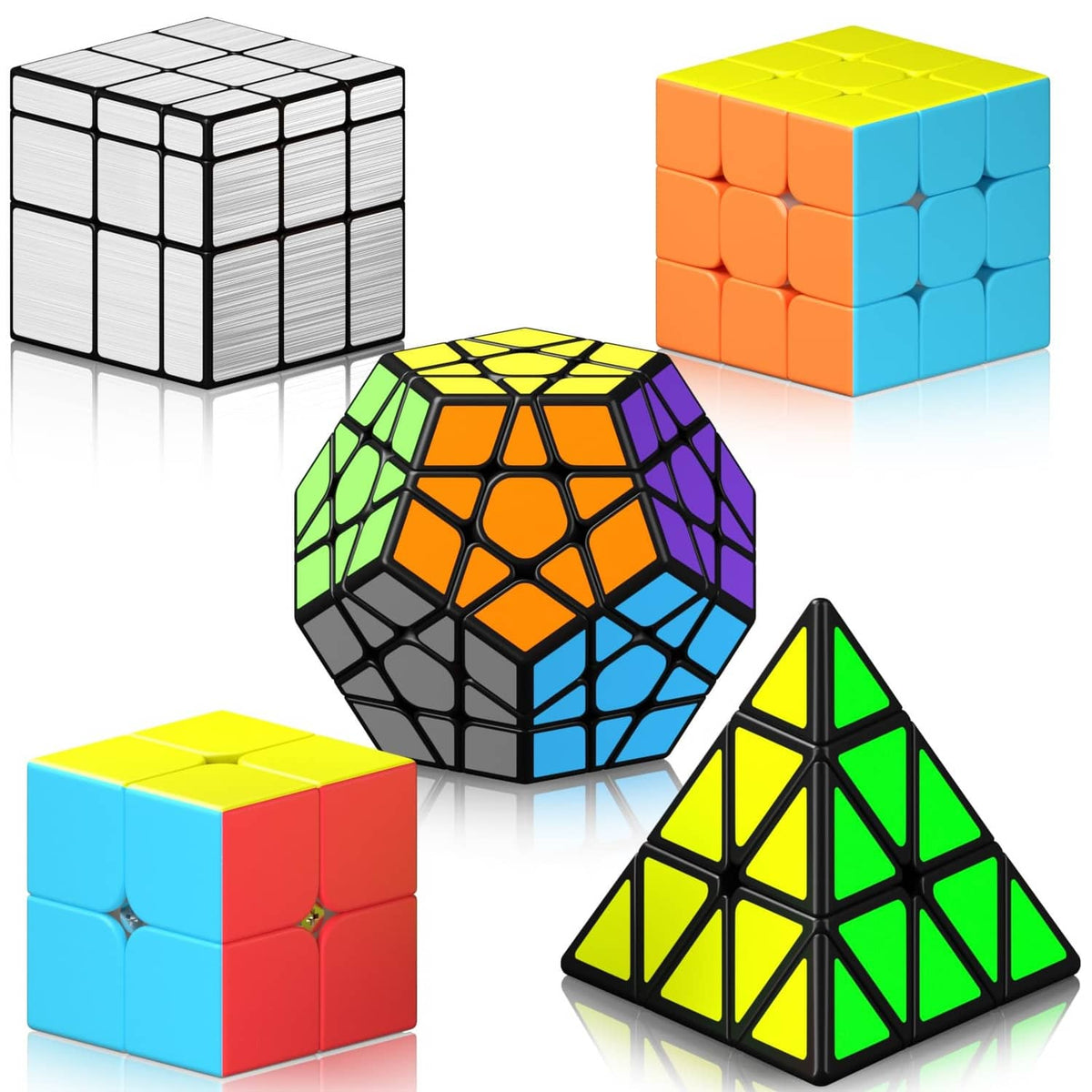Speed cube set showing 3x3, 2x2, dodecahedron, and pyramid cubes in bright colors