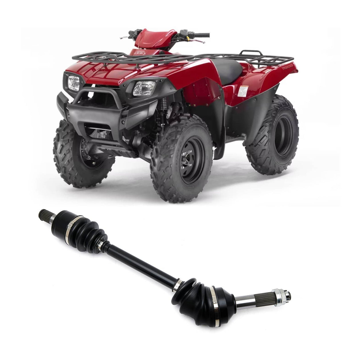 CV axle shaft with black rubber boots and splined metal ends, angled studio view