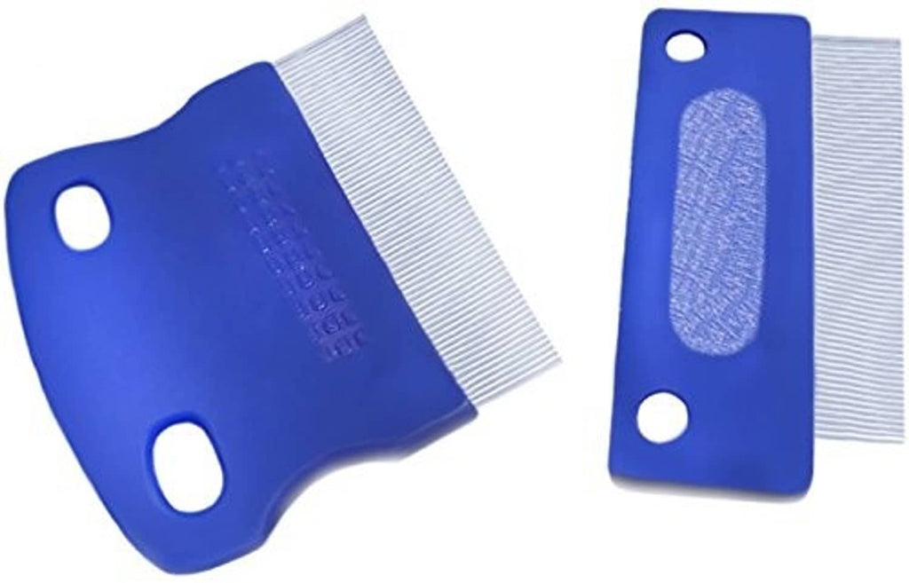 Blue plastic tear-stain remover combs with fine white bristles and handle holes
