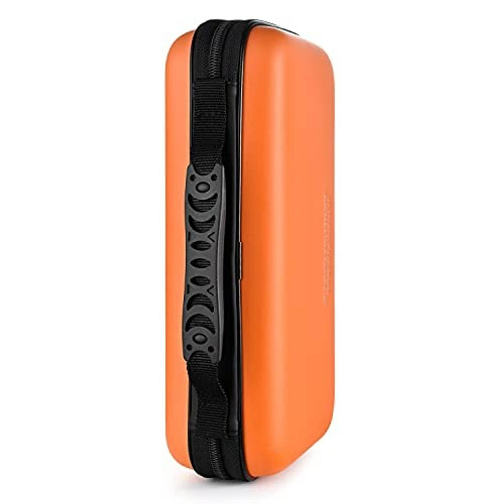 Orange hard EVA CD/DVD case side view with black strap/band and black zipper track