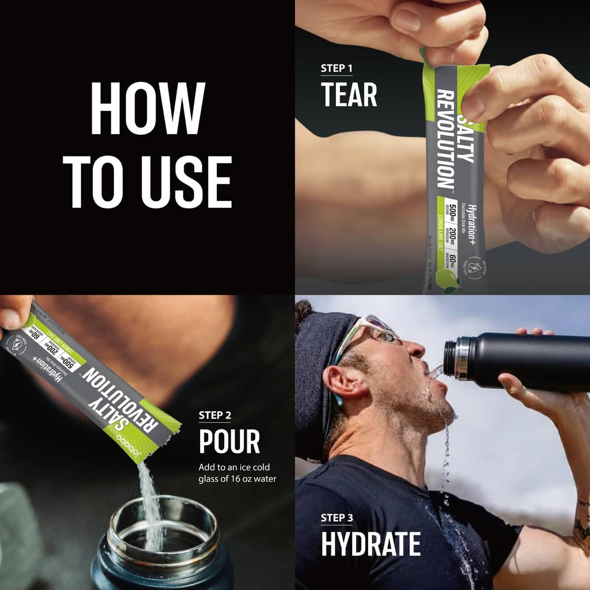 How to use hydration electrolyte packet: tear, pour, and hydrate