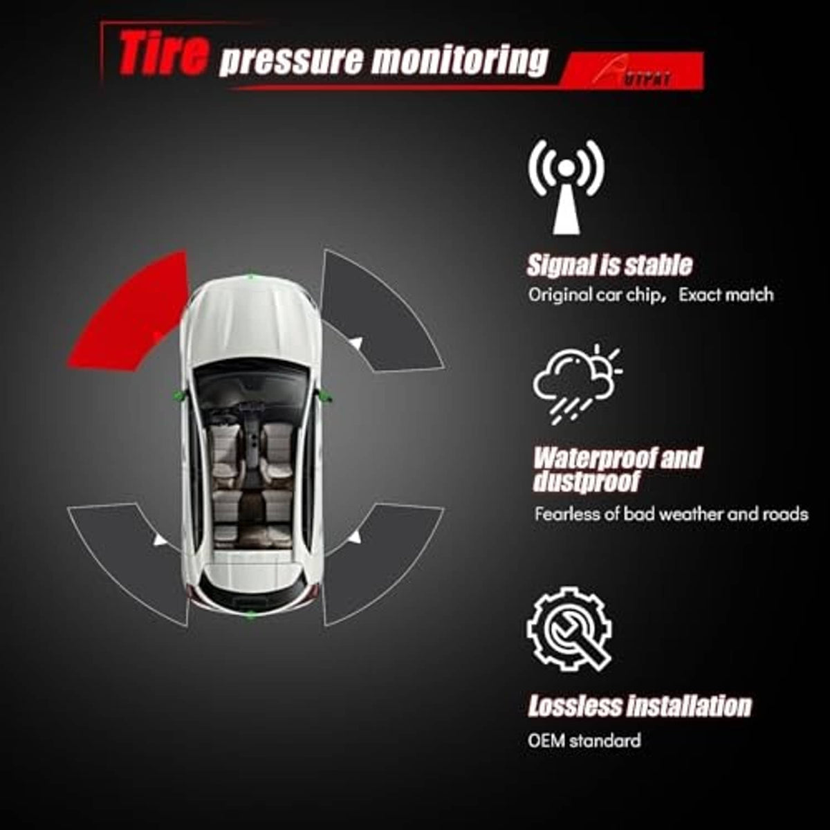 Black TPMS sensor with valve stem, label face visible for tire pressure monitoring