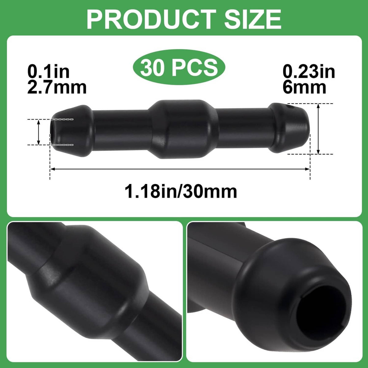 Windshield washer hose two-way connector size illustration, black