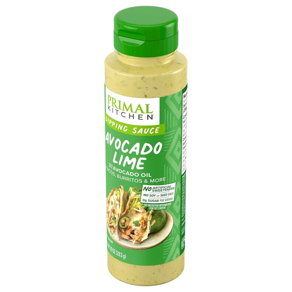 Primal Kitchen avocado-lime dipping sauce bottle, front label and green cap