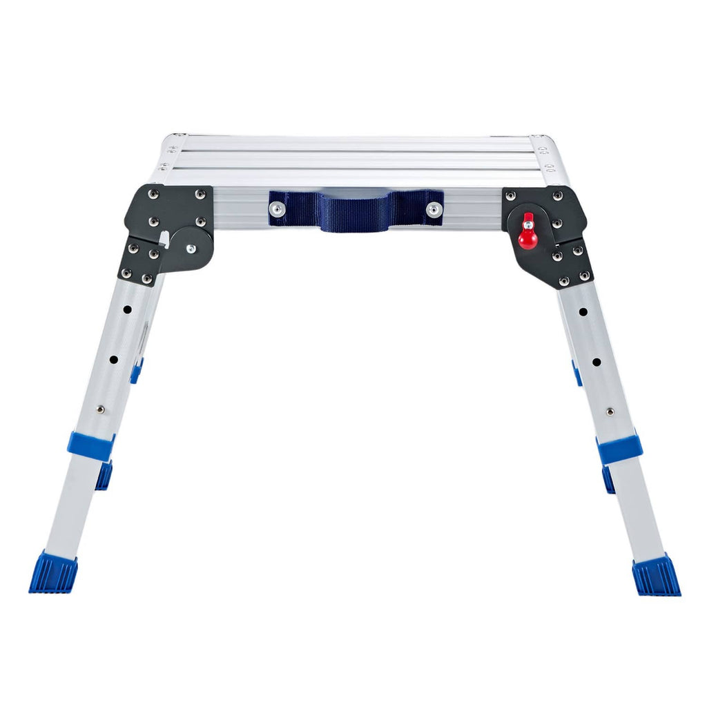 Folding work platform with gray legs, black hinges, and blue support brackets