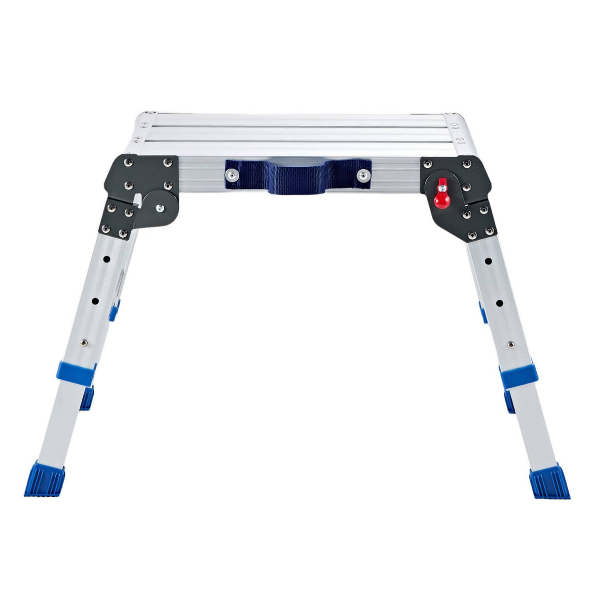 Folding work platform with gray legs, black hinges, and blue support brackets