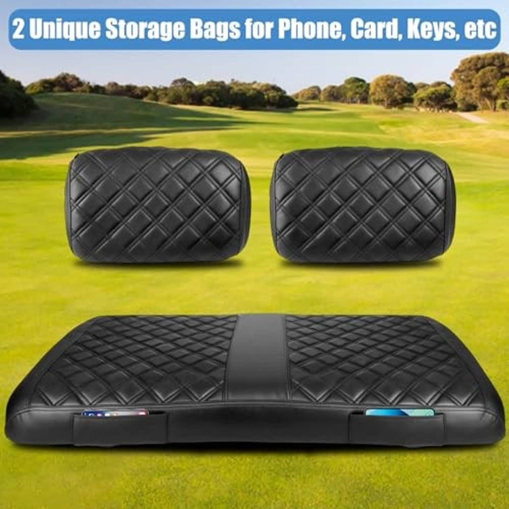 Black quilted golf cart seat cover with two storage pouches and diamond grid