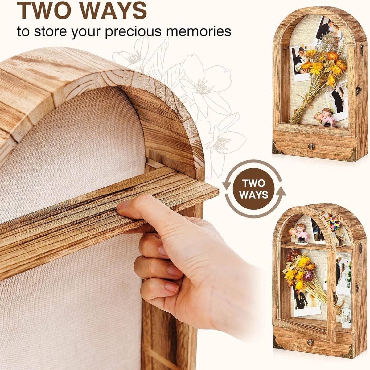 Arched shadow box frame with linen back, showing bottom drawer access with a hand