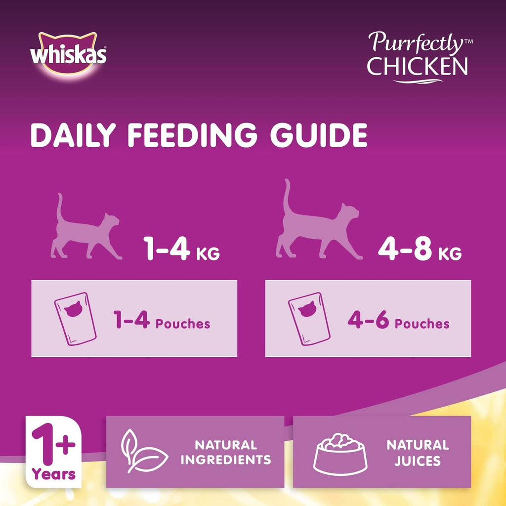Whiskas Purrefectly Chicken cat food pouch daily feeding guide, 1–4 kg, 85g