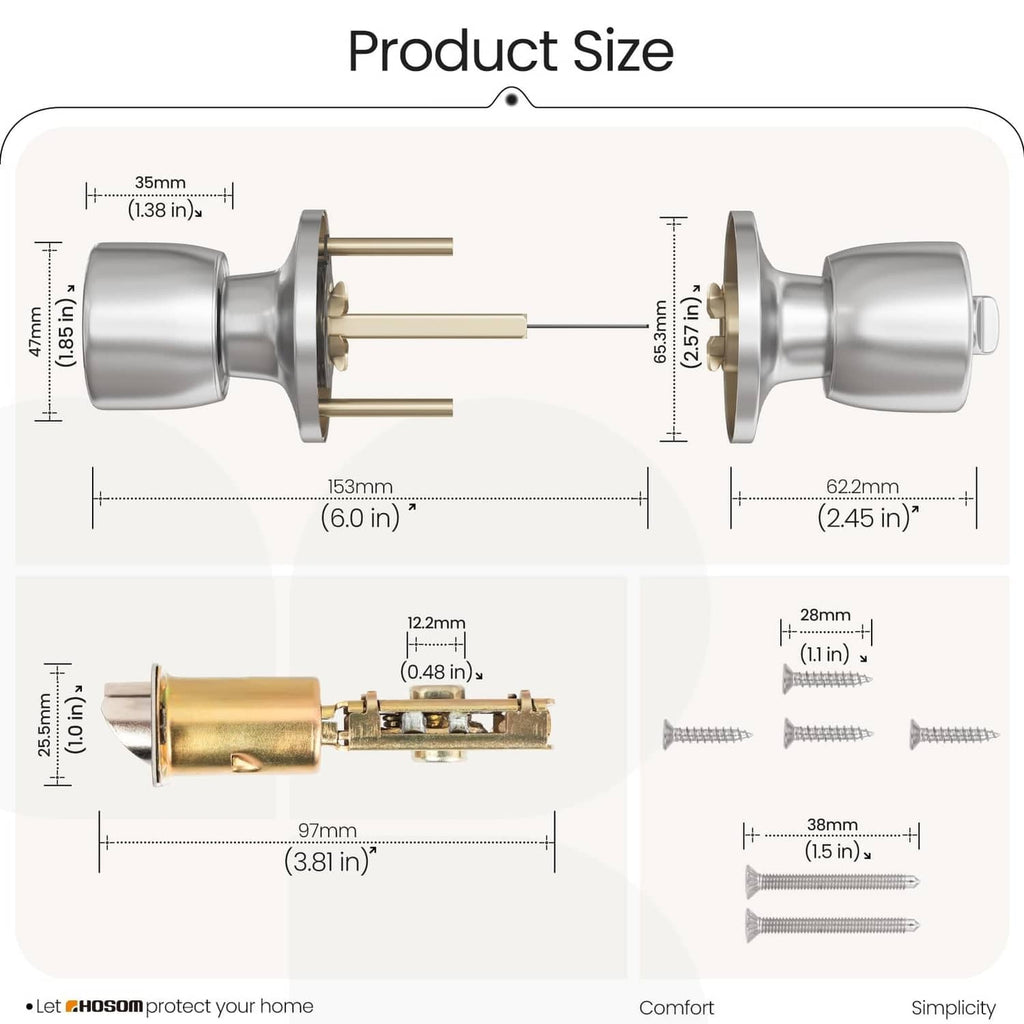 Satin nickel door knob lock size diagram with key cylinder and mounting measurements