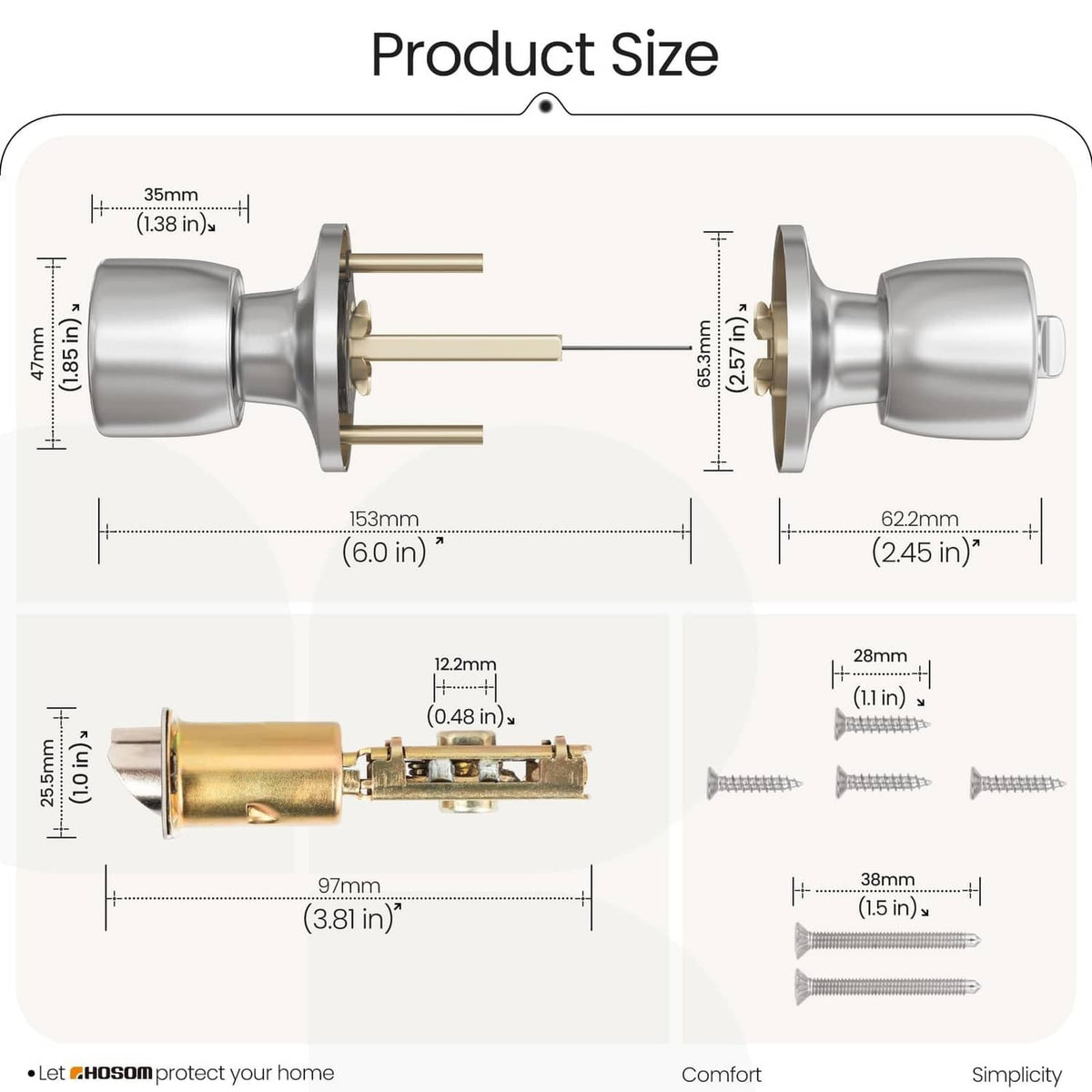 Satin nickel door knob lock size diagram with key cylinder and mounting measurements