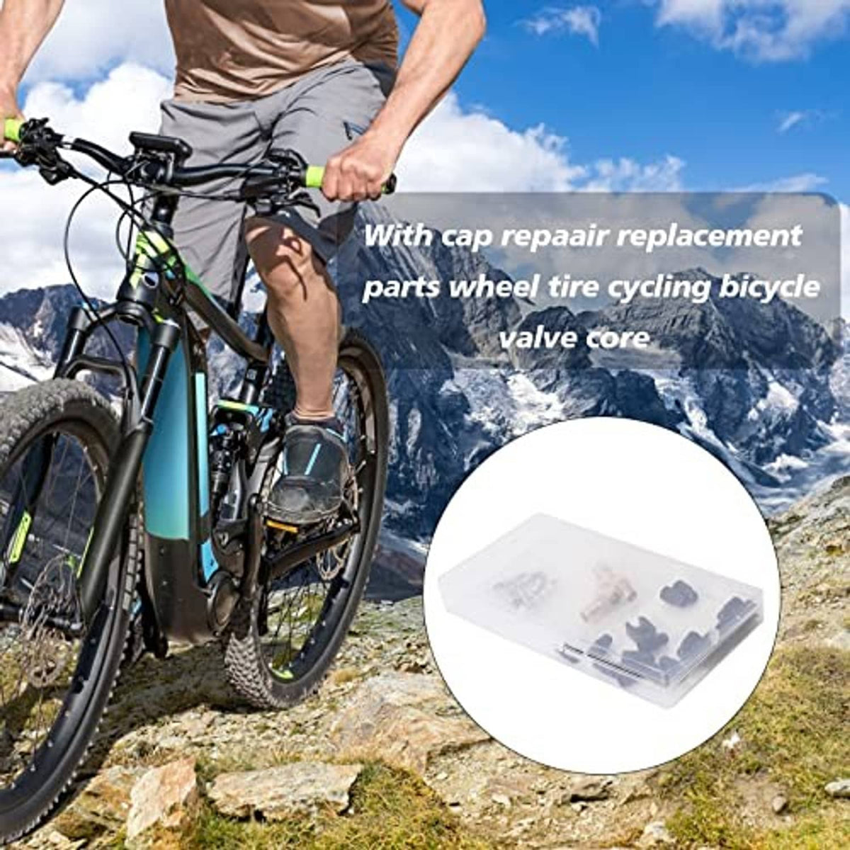 Bicycle tire valve core replacement parts kit shown with a bicycle on the road
