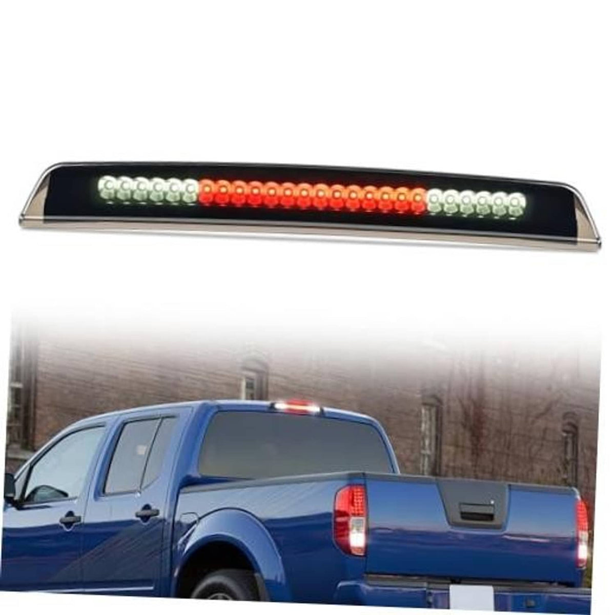 LED third brake light bar with chrome trim housing, red center and white side LEDs
