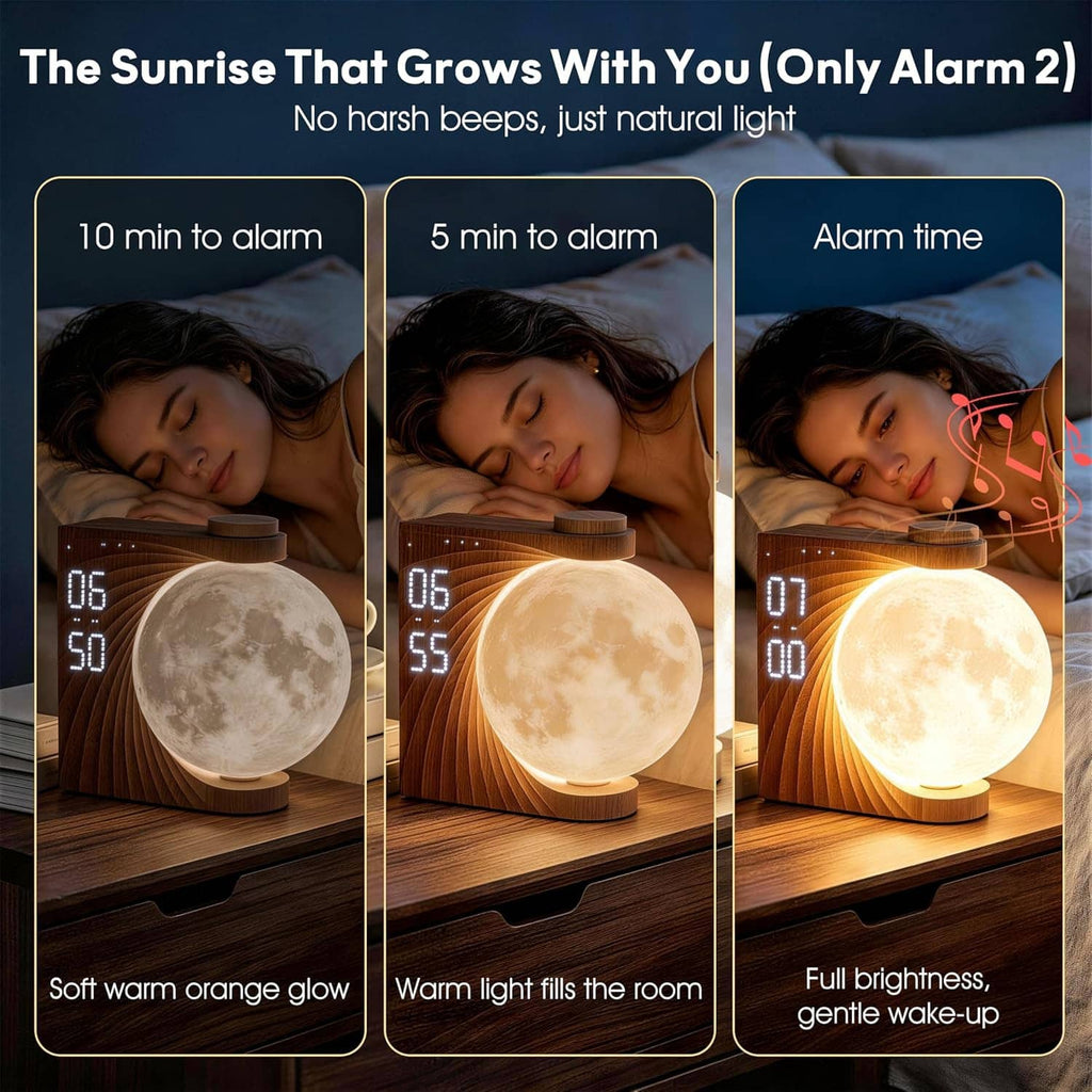 Moon alarm clock showing bright golden glow on bedside shelf