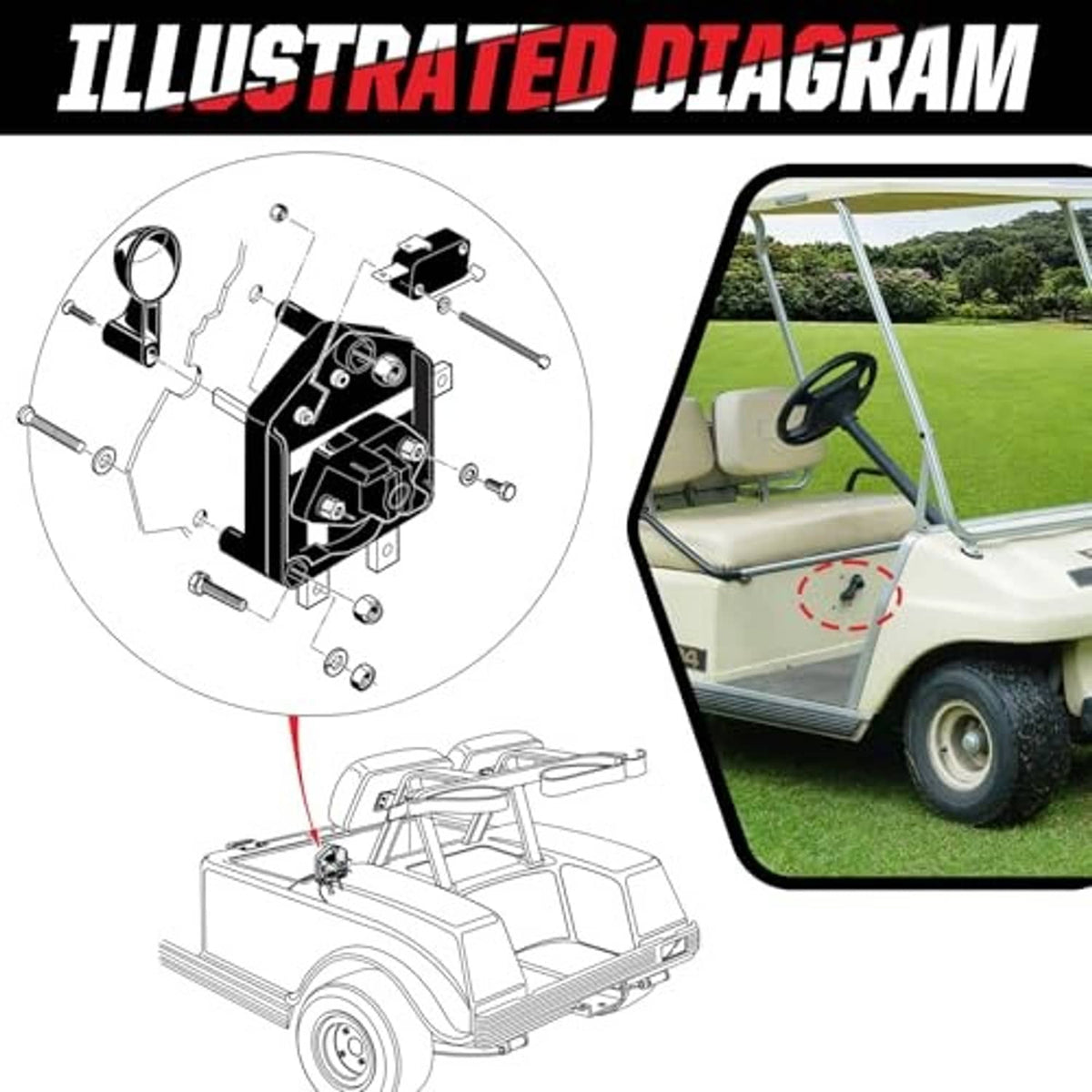 Illustrated diagram of forward-reverse switch installation for a 48V golf cart