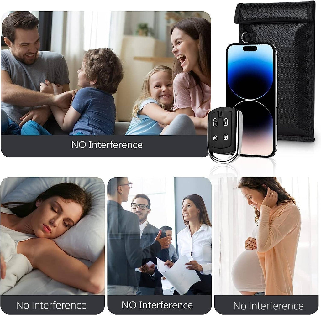 Black Faraday phone bag with front flap, holding a smartphone and small key fob