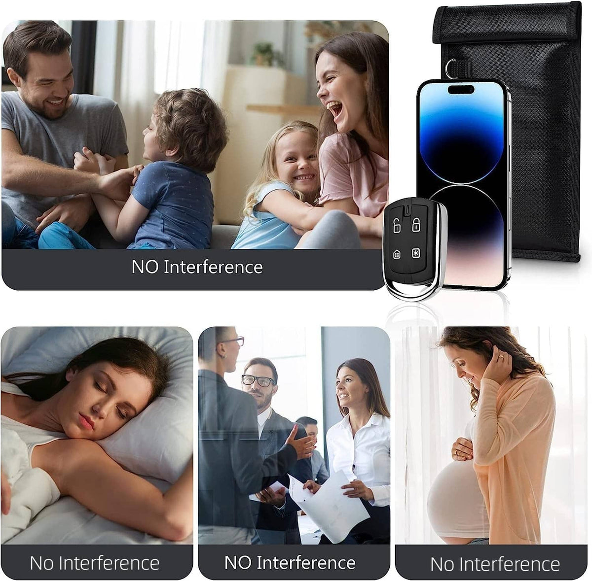 Black Faraday phone bag with front flap, holding a smartphone and small key fob