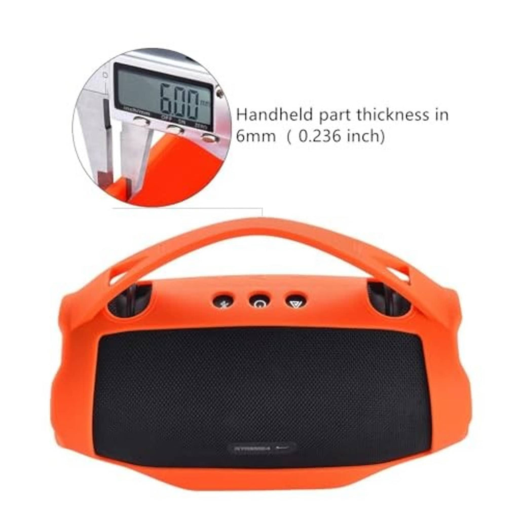 Orange silicone speaker case cover showing top button cutouts and black speaker mesh