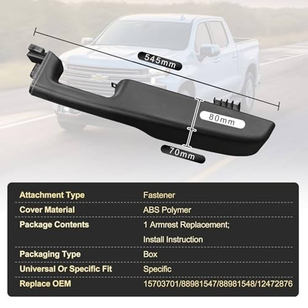 Black armrest replacement kit with size dimensions and ABS polymer specifications