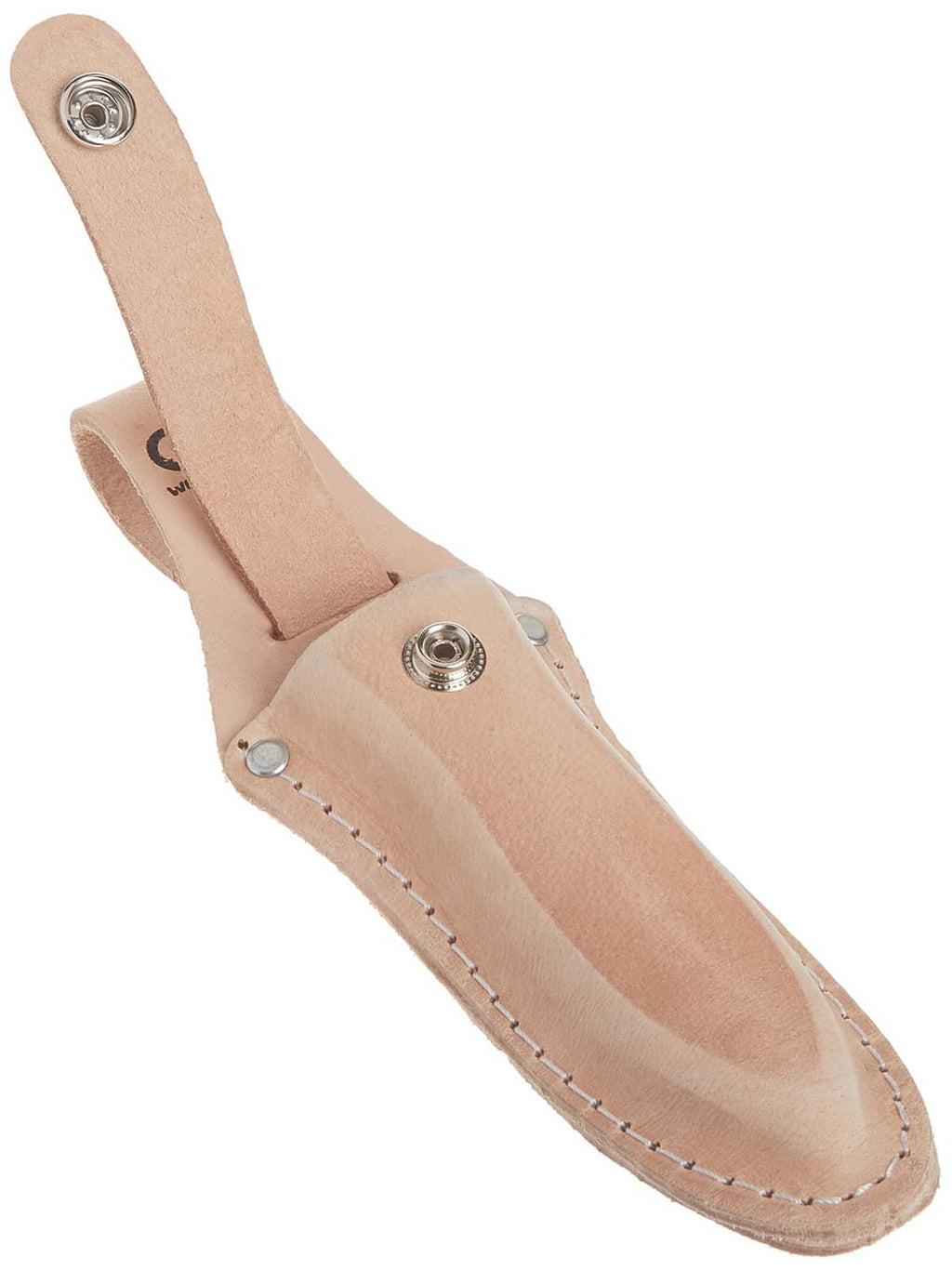 Tan leather plier holder sheath with belt loop and snap fastening, stitched trim