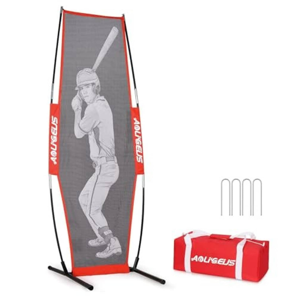 Red and black pitching target net with batter silhouette, standing base and side poles