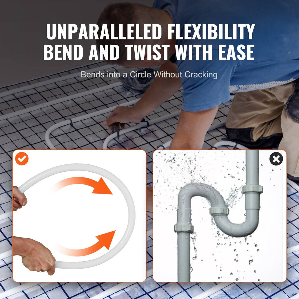 Flexible white PEX-B tubing coil bending demonstration with no cracking shown